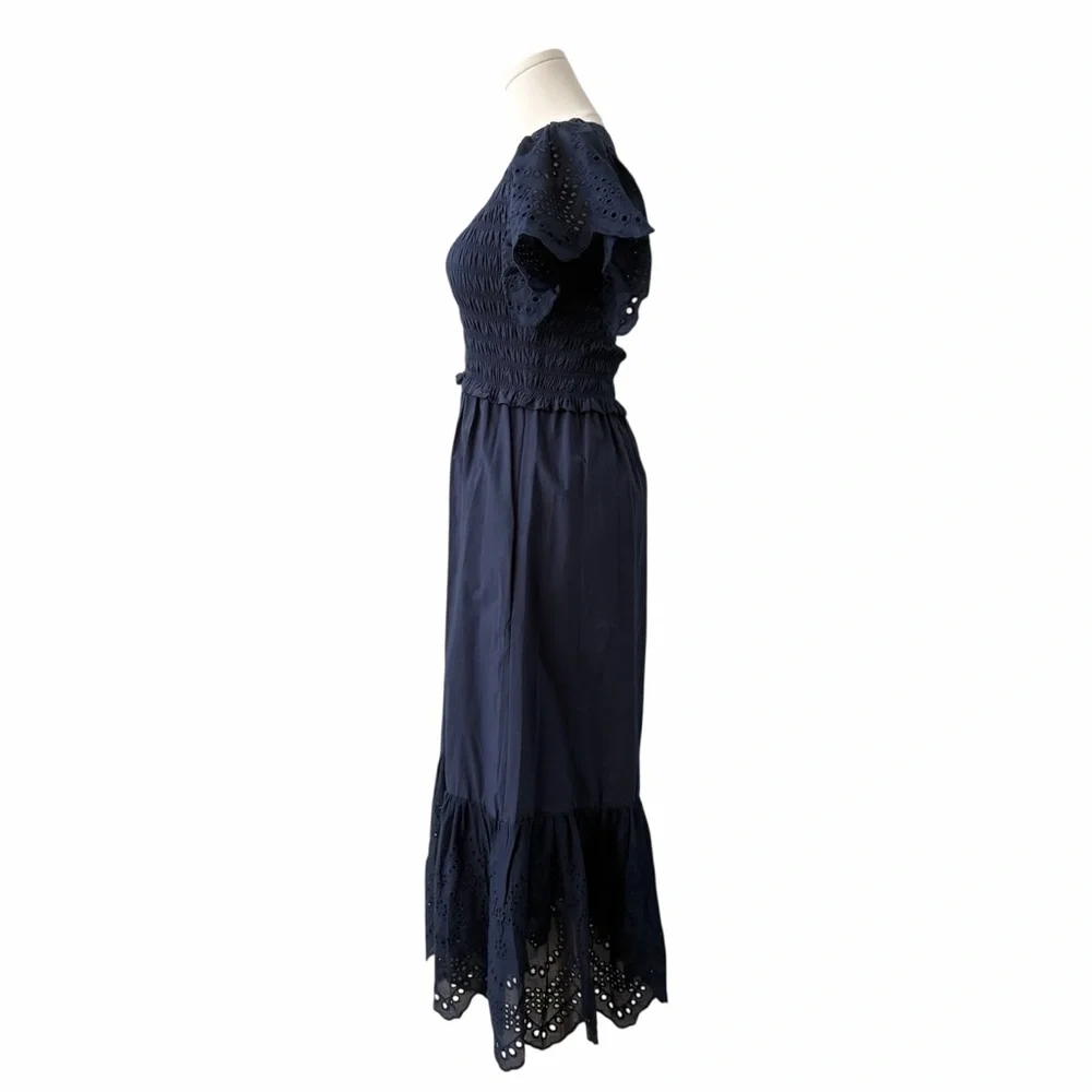 Deluc Avis Smocked Midi Dress Blue Embroidered Ruffle Pockets NWT M - Picture 6 of 14